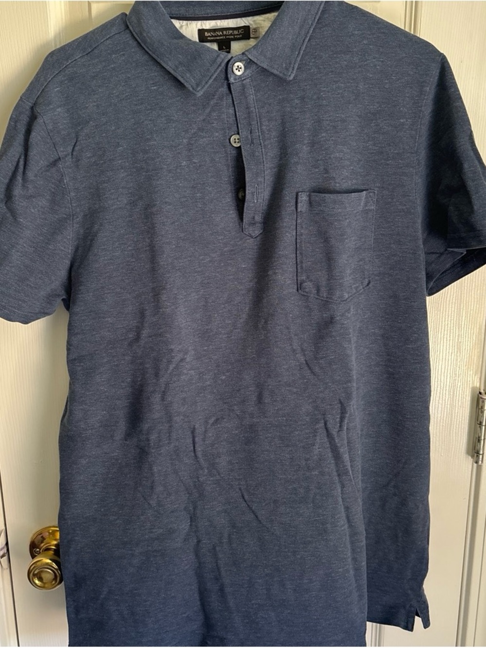 Banana Republic Men's Heathered Navy Blue Polo with Chest Pocket